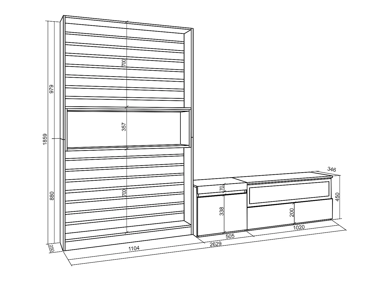 Meubels voor woonkamer, 260x186x35cm, Voor tv's tot 65", Elektrische haard, Cement