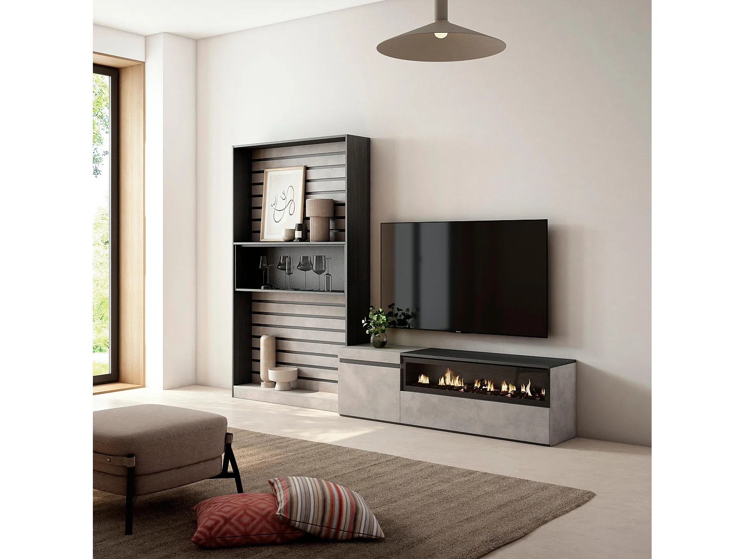 Ensemble Meuble TV, 260x186x35cm, Pour les TV jusqu'à 65", Cheminée électrique, Ciment