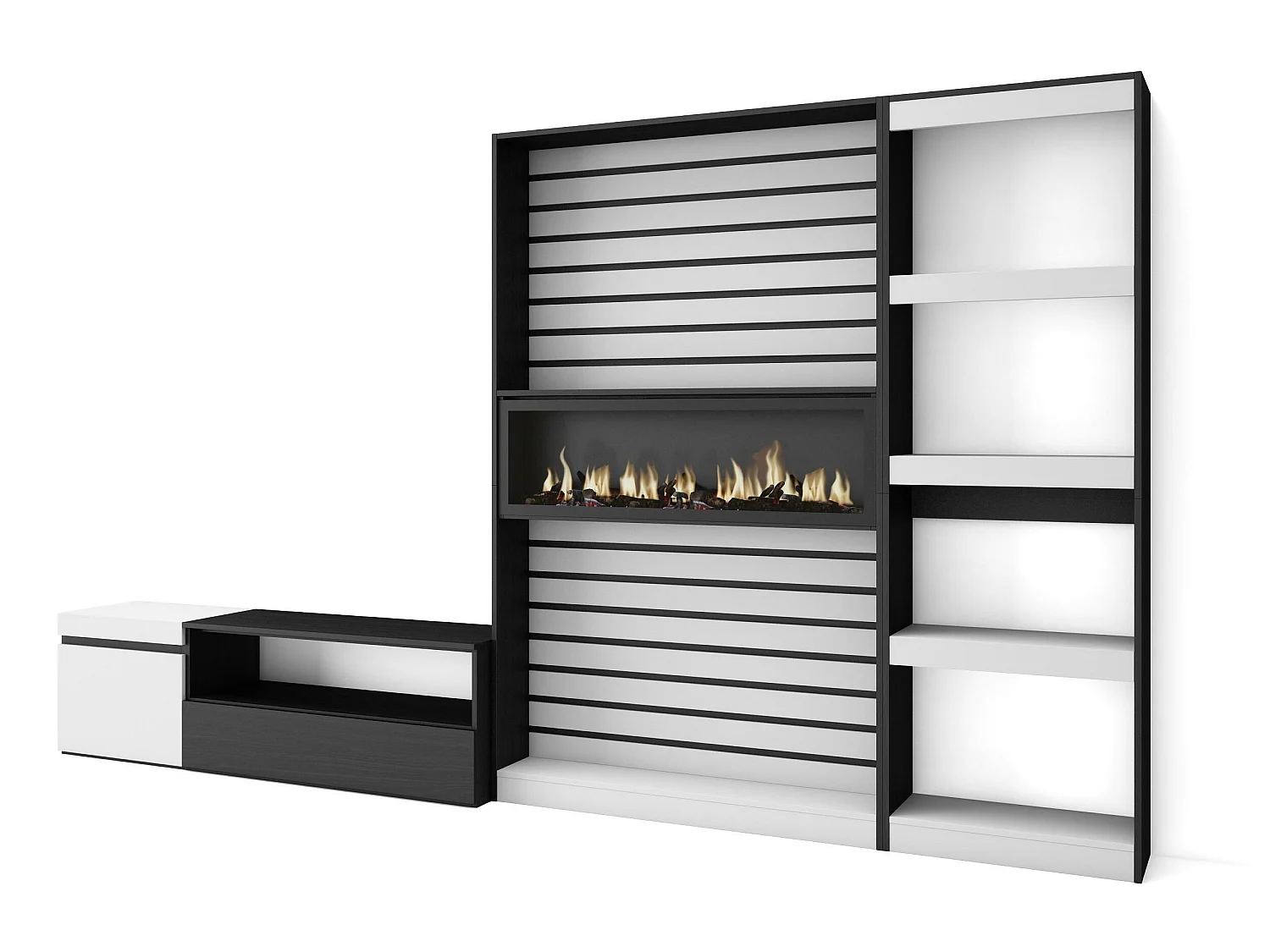 Ensemble Meuble TV, 320x186x35cm, Cheminée électrique, Blanc et noir