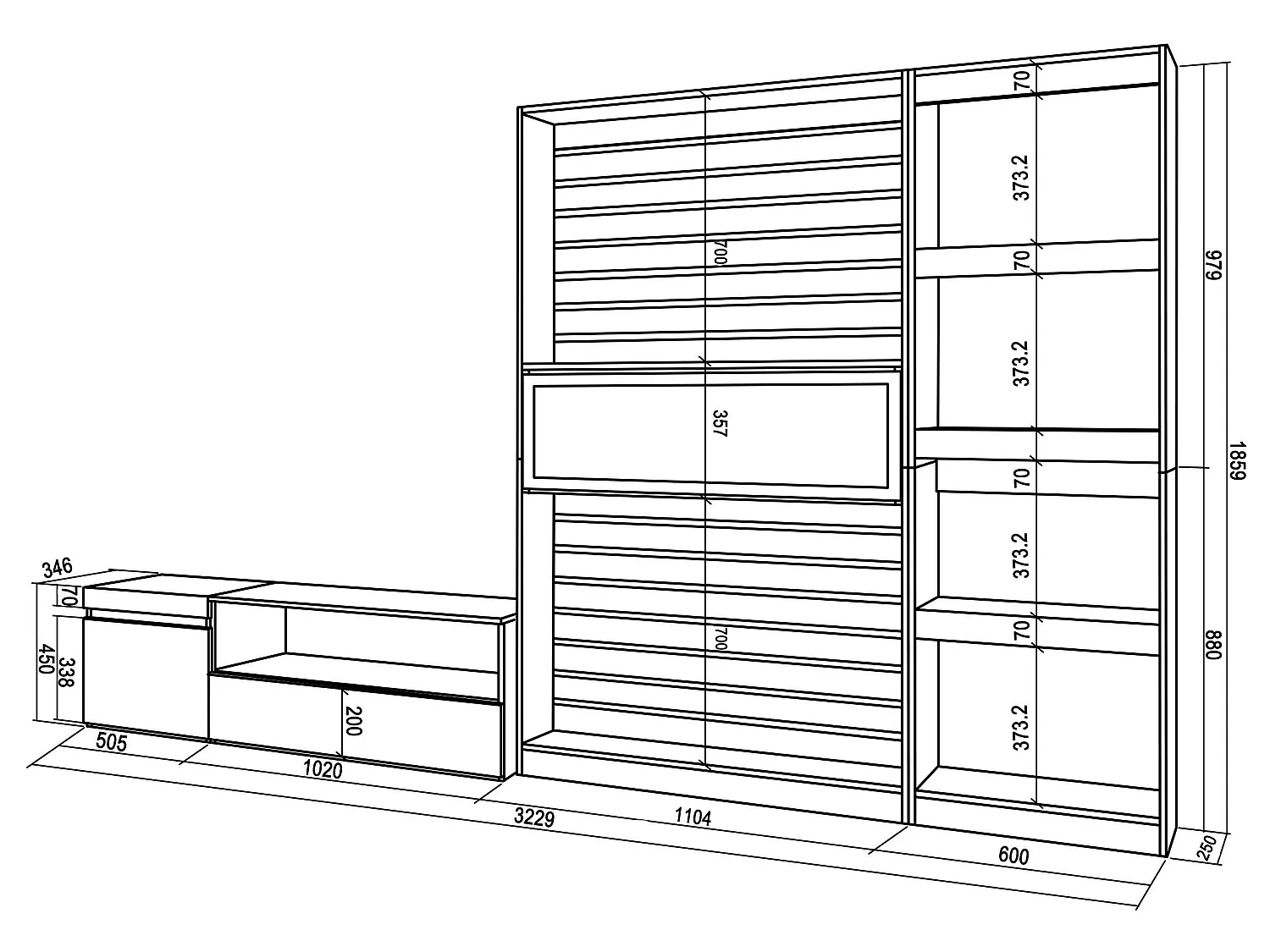 Ensemble Meuble TV, 320x186x35cm, Cheminée électrique, Blanc et noir