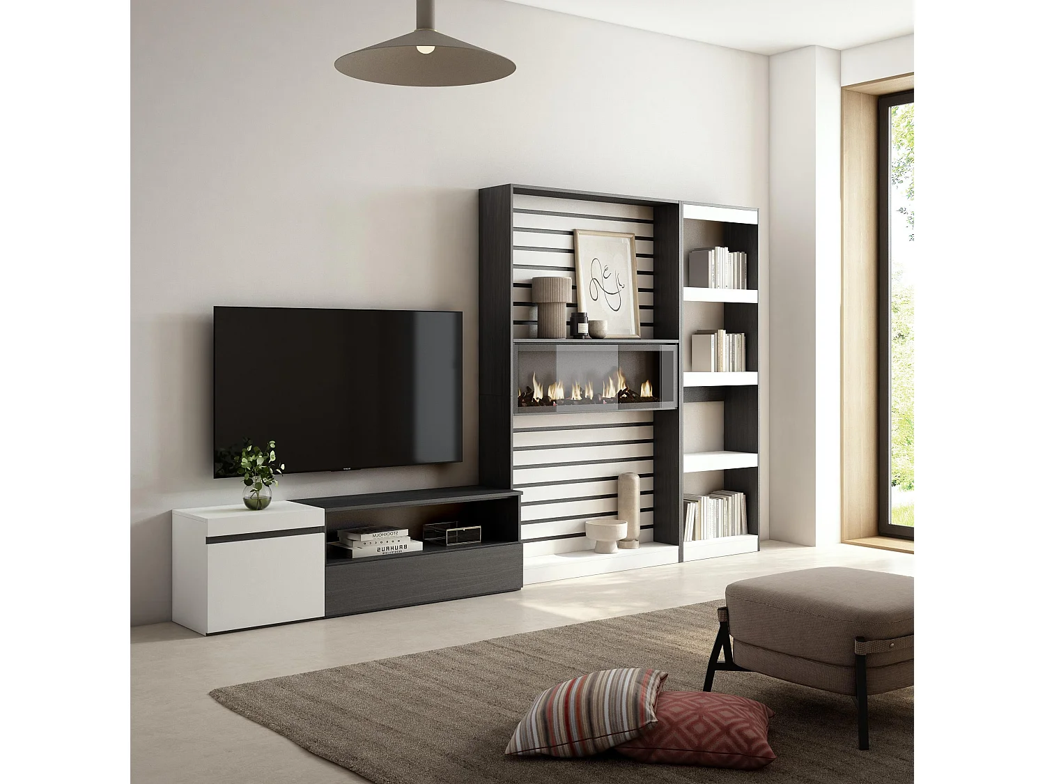 Ensemble Meuble TV, 320x186x35cm, Cheminée électrique, Blanc et noir