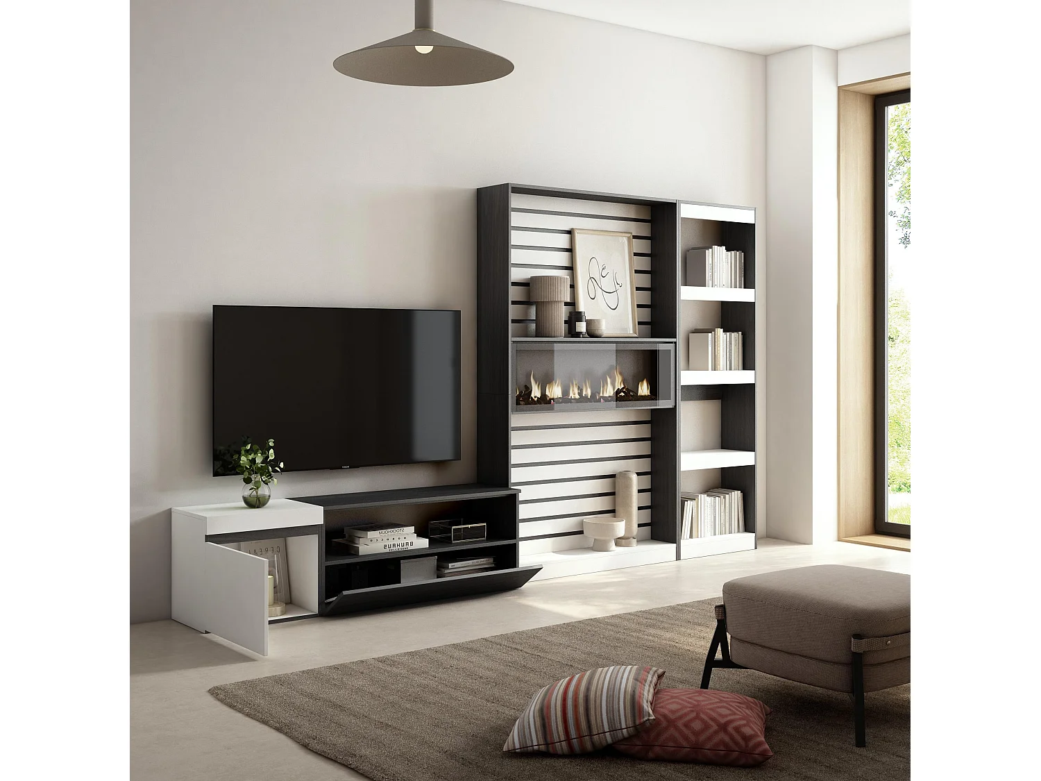 Ensemble Meuble TV, 320x186x35cm, Cheminée électrique, Blanc et noir