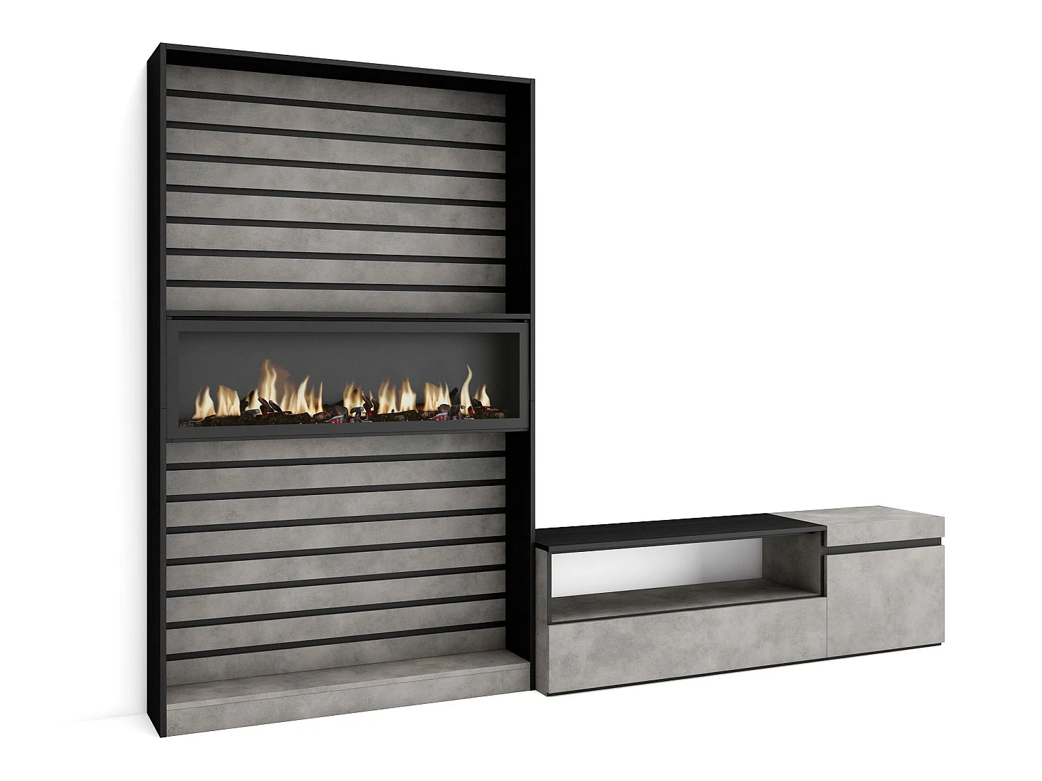 Ensemble Meuble TV, 260x186x35cm, Pour les TV jusqu'à 65", Cheminée électrique, Ciment