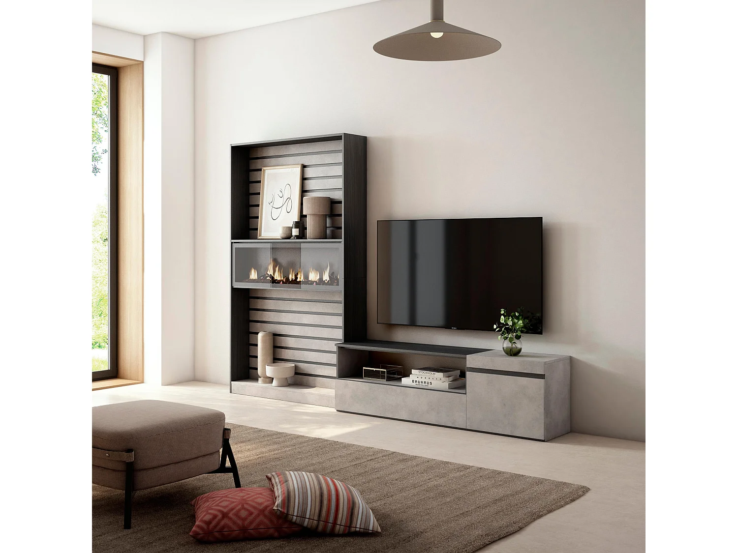 Meubels voor woonkamer, 260x186x35cm, Voor tv's tot 65", Elektrische haard, Cement