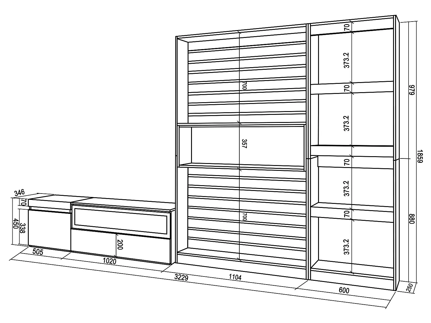Ensemble Meuble TV, 320x186x35cm, Cheminée électrique, Blanc et noir