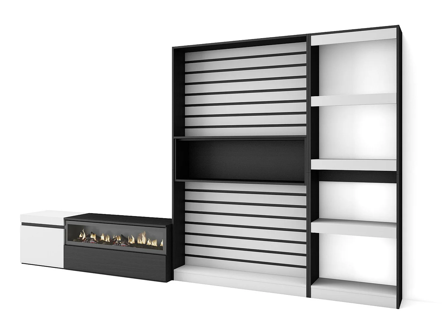 Ensemble Meuble TV, 320x186x35cm, Cheminée électrique, Blanc et noir