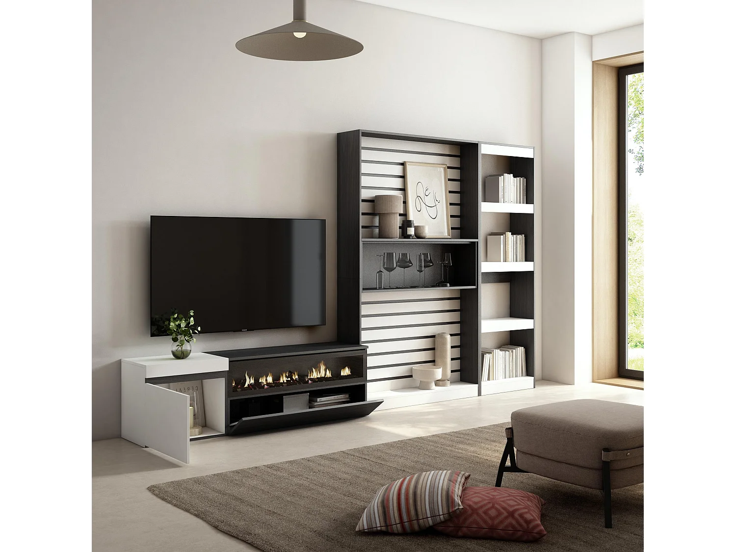 Ensemble Meuble TV, 320x186x35cm, Cheminée électrique, Blanc et noir