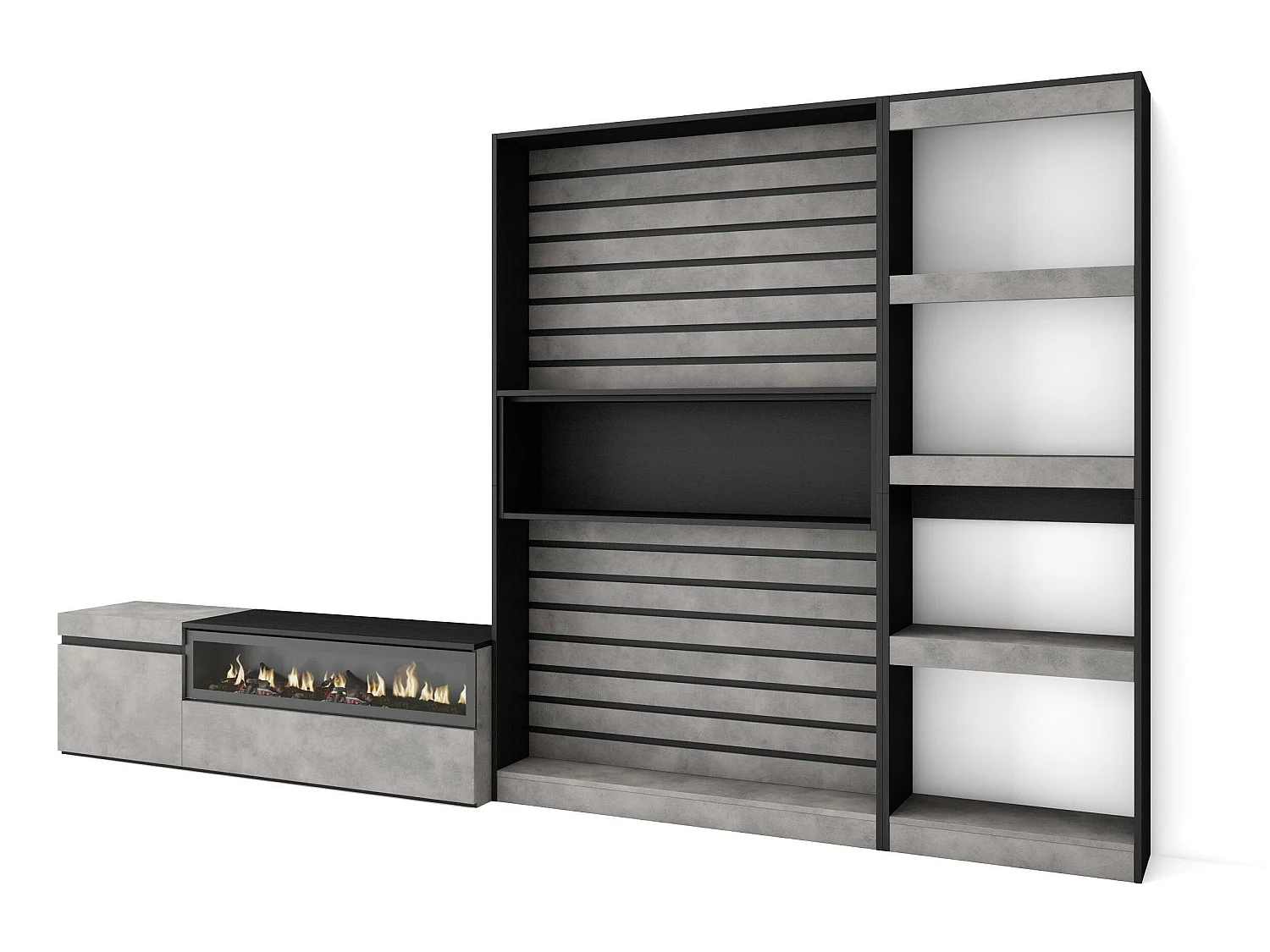 Ensemble Meuble TV, 320x186x35cm, Cheminée électrique, Ciment