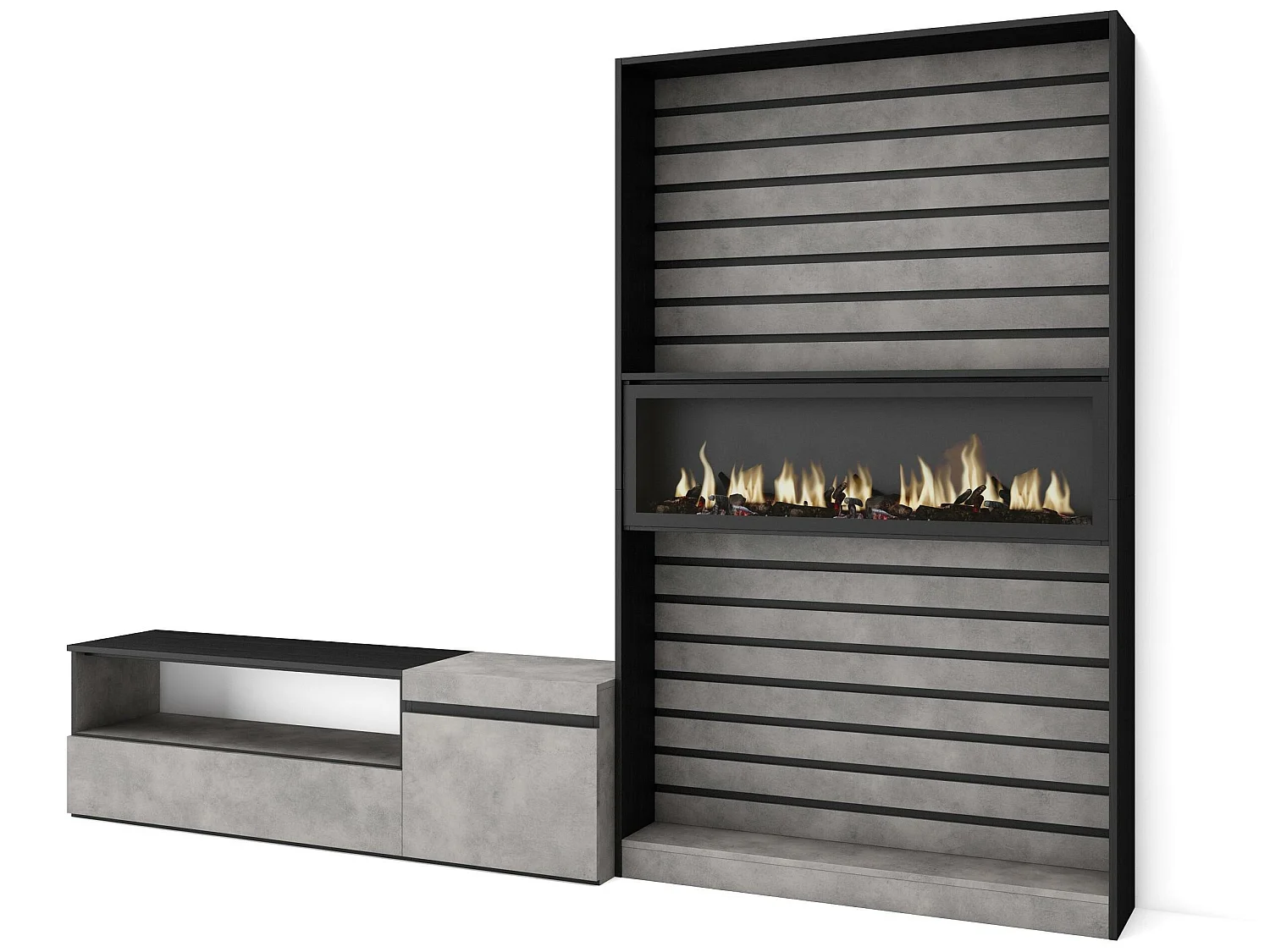 Ensemble Meuble TV, 260x186x35cm, Pour les TV jusqu'à 65", Cheminée électrique, Ciment