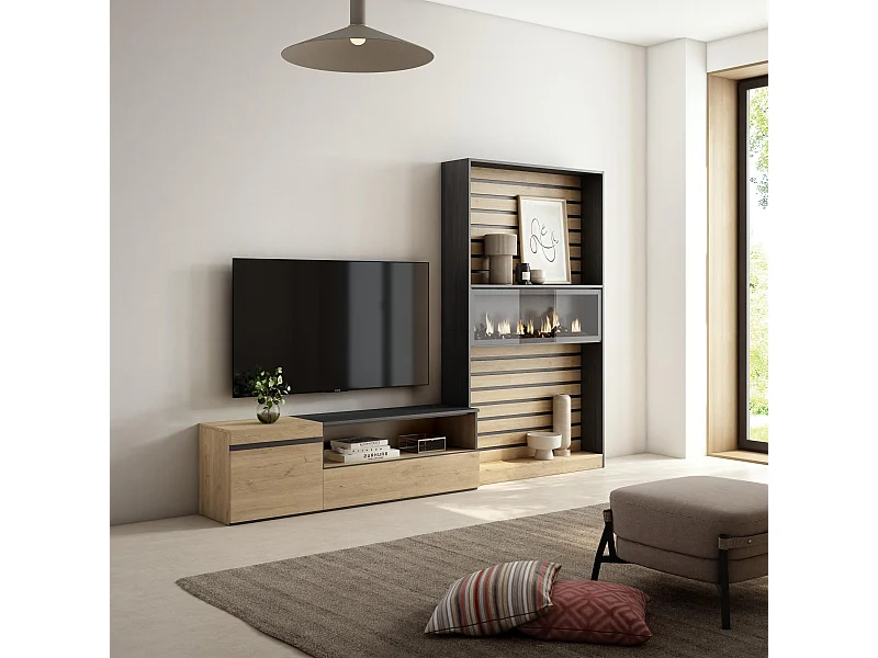 Ensemble Meuble TV, 260x35x186cm, Pour les TV jusqu'à 65", Cheminée électrique, Chêne et noir