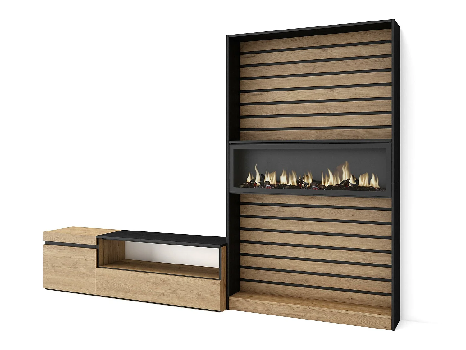 Ensemble Meuble TV, 260x35x186cm, Pour les TV jusqu'à 65", Cheminée électrique, Chêne et noir