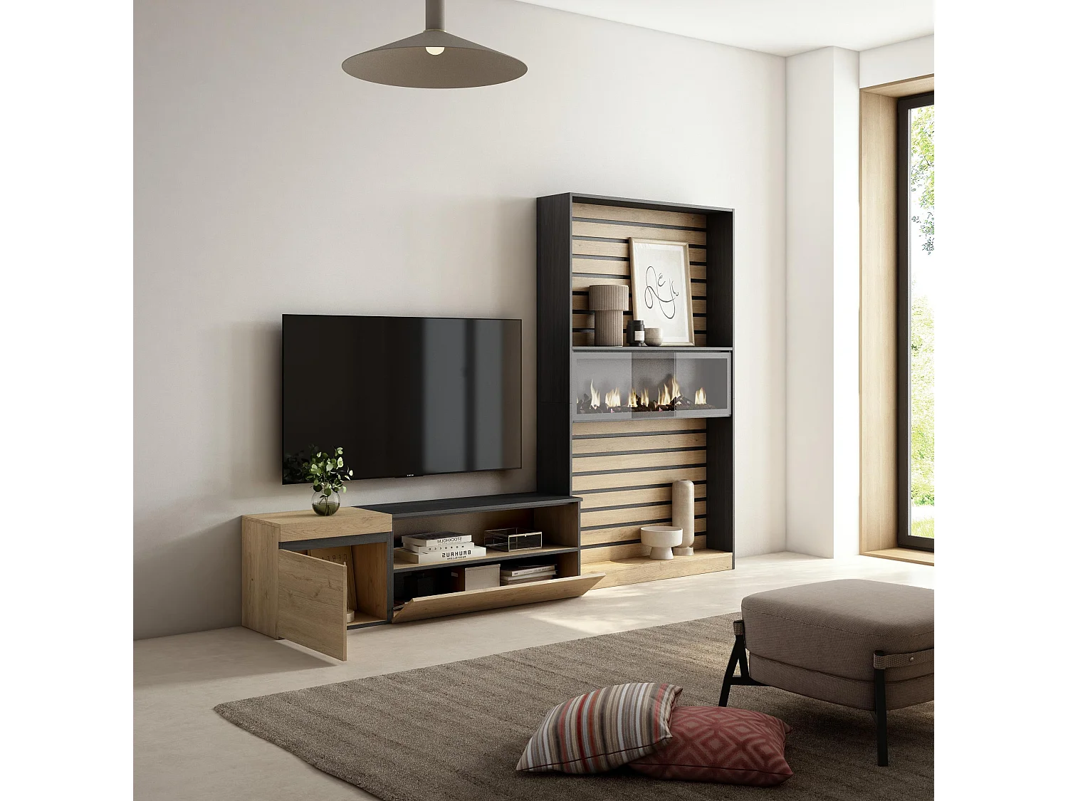 Ensemble Meuble TV, 260x35x186cm, Pour les TV jusqu'à 65", Cheminée électrique, Chêne et noir