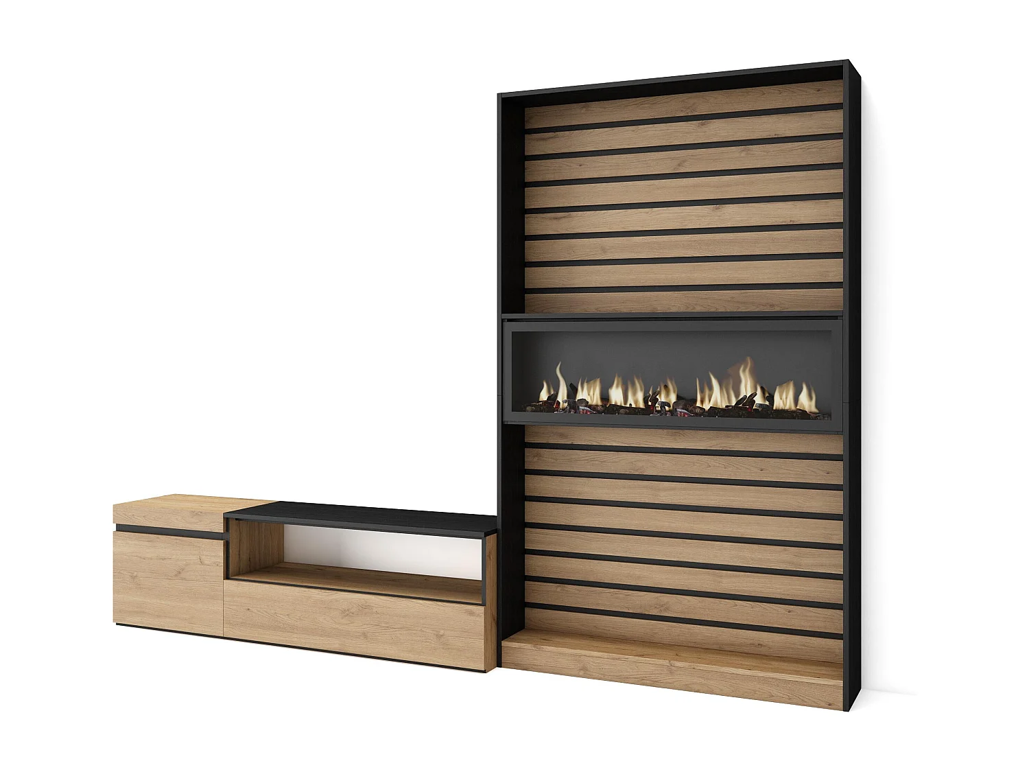 Ensemble Meuble TV, 260x35x186cm, Pour les TV jusqu'à 65", Cheminée électrique, Chêne et noir