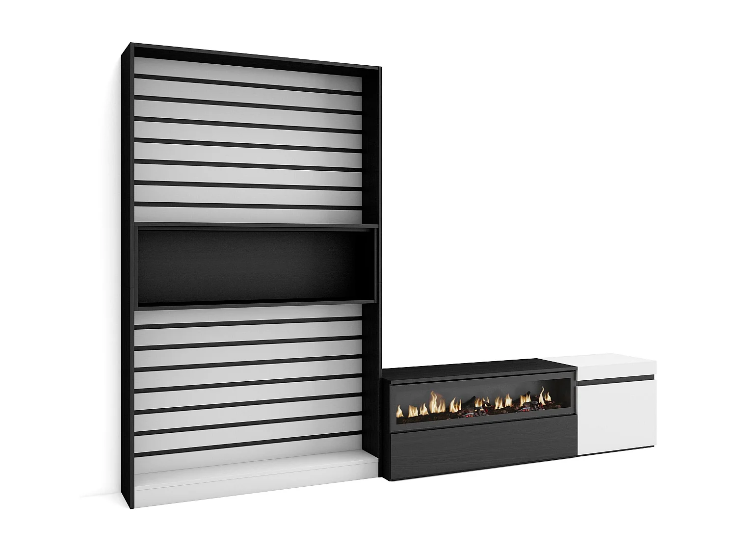 Muebles de Salón para TV, 260x35x186cm, Para TV hasta 65", Chimenea eléctrica, Blanco y negro