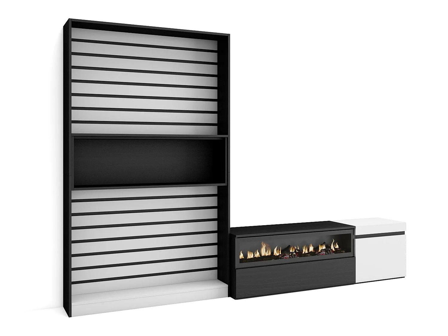 Ensemble Meuble TV, 260x35x186cm, Pour les TV jusqu'à 65", Cheminée électrique, Blanc et noir