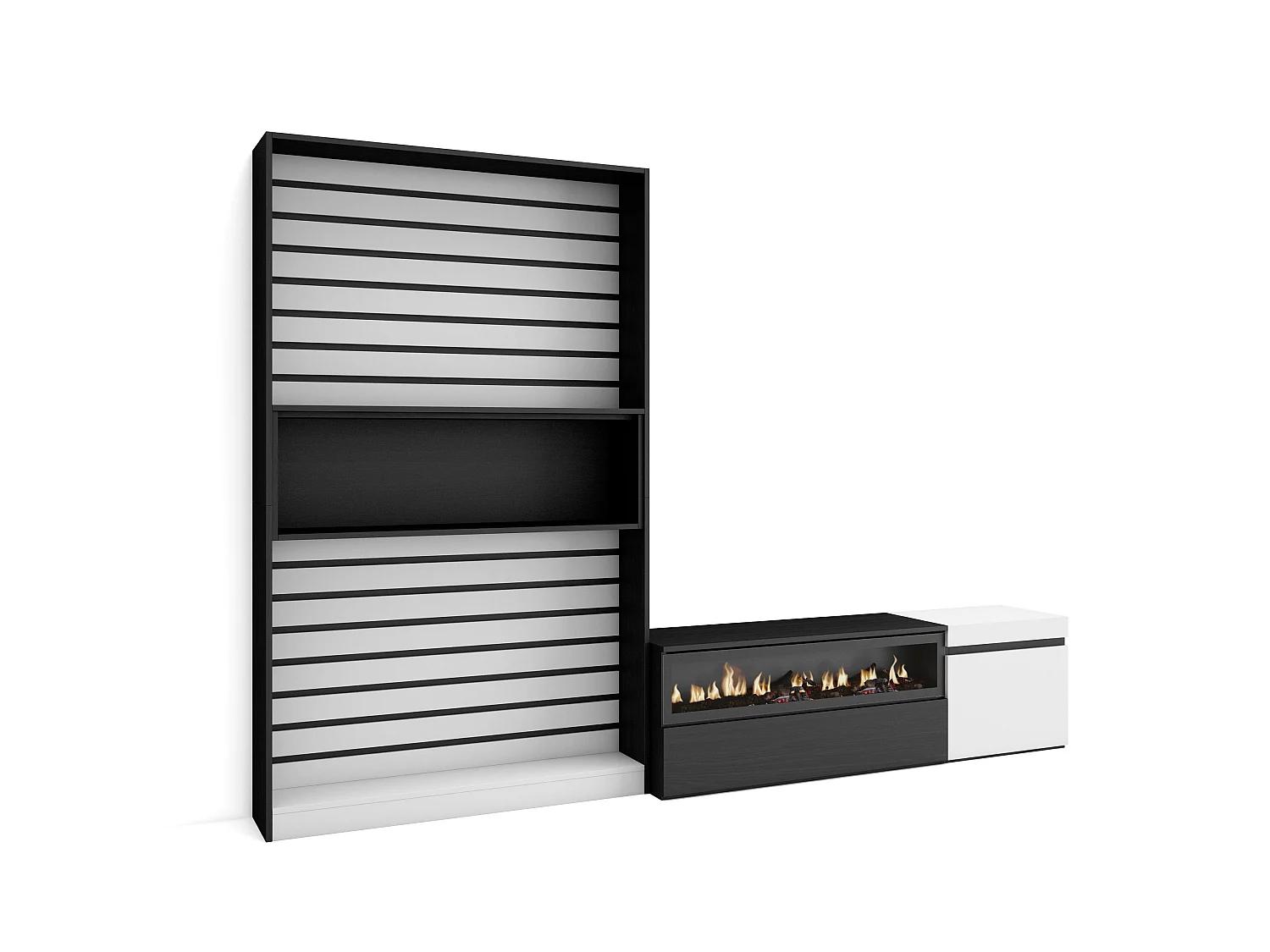 Wohnwand Wohnzimmer, 260x35x186cm, Für TV-Geräte bis zu 65", Elektrokamin. Maße, Weiß und Schwarz