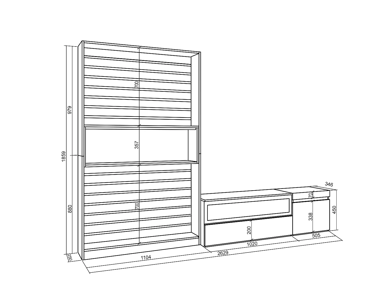 Wohnwand Wohnzimmer, 260x35x186cm, Für TV-Geräte bis zu 65", Elektrokamin. Maße, Weiß und Schwarz