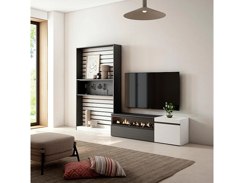 Ensemble Meuble TV, 260x35x186cm, Pour les TV jusqu'à 65", Cheminée électrique, Blanc et noir