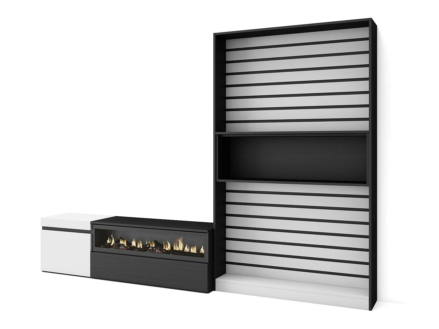 Ensemble Meuble TV, 260x35x186cm, Pour les TV jusqu'à 65", Cheminée électrique, Blanc et noir