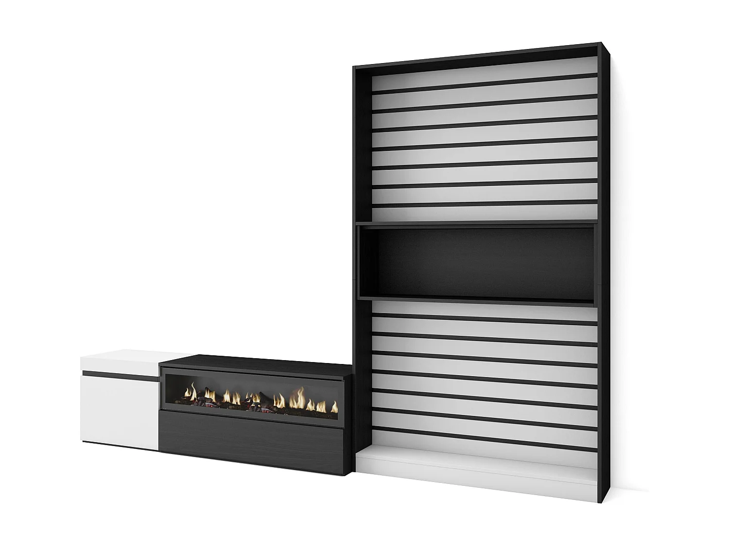 Ensemble Meuble TV, 260x35x186cm, Pour les TV jusqu'à 65", Cheminée électrique, Blanc et noir