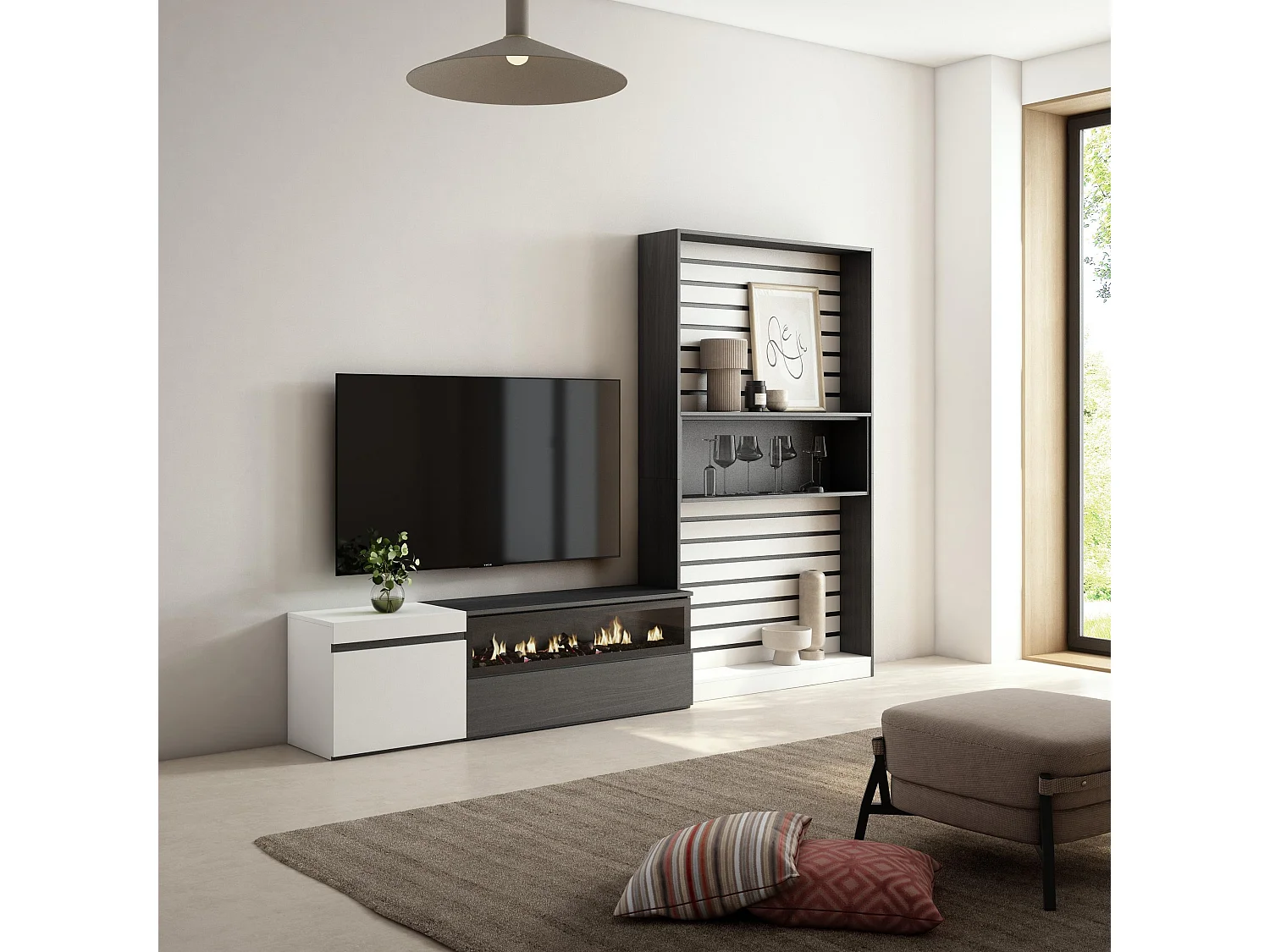 Ensemble Meuble TV, 260x35x186cm, Pour les TV jusqu'à 65", Cheminée électrique, Blanc et noir