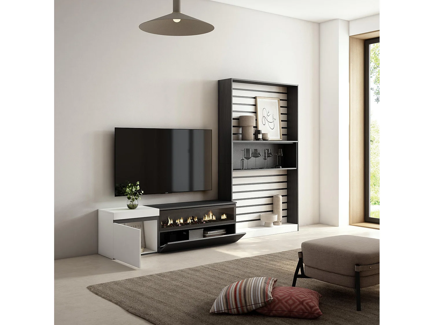 Ensemble Meuble TV, 260x35x186cm, Pour les TV jusqu'à 65", Cheminée électrique, Blanc et noir