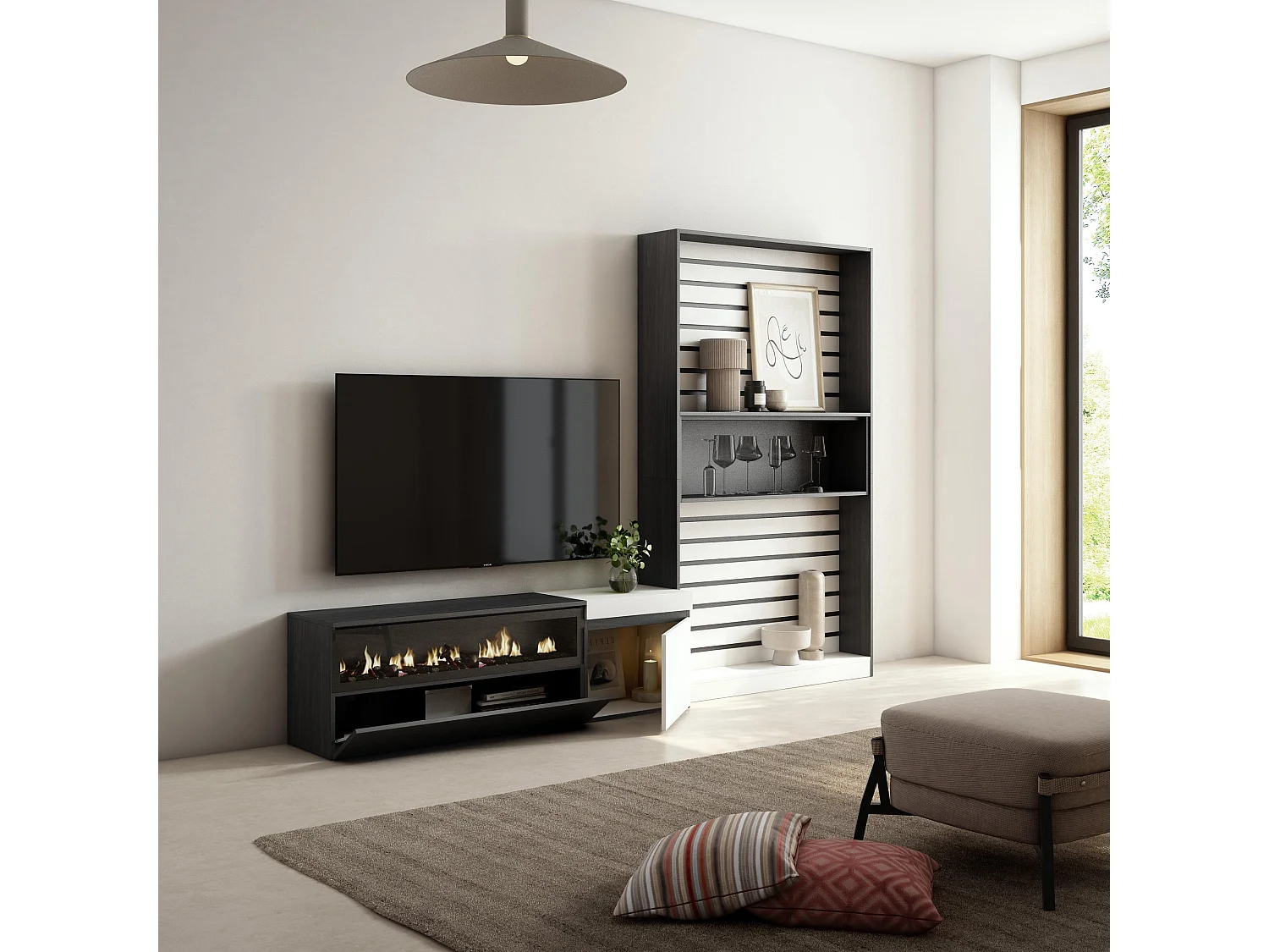 Ensemble Meuble TV, 260x35x186cm, Pour les TV jusqu'à 65", Cheminée électrique, Blanc et noir