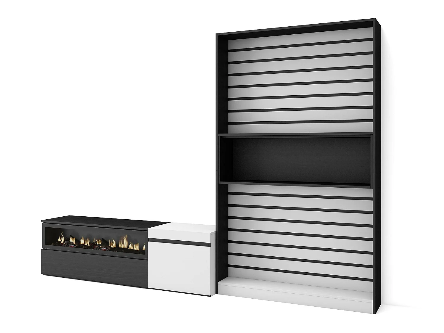 Ensemble Meuble TV, 260x35x186cm, Pour les TV jusqu'à 65", Cheminée électrique, Blanc et noir