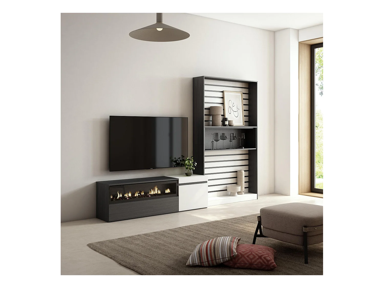 Ensemble Meuble TV, 260x35x186cm, Pour les TV jusqu'à 65", Cheminée électrique, Blanc et noir