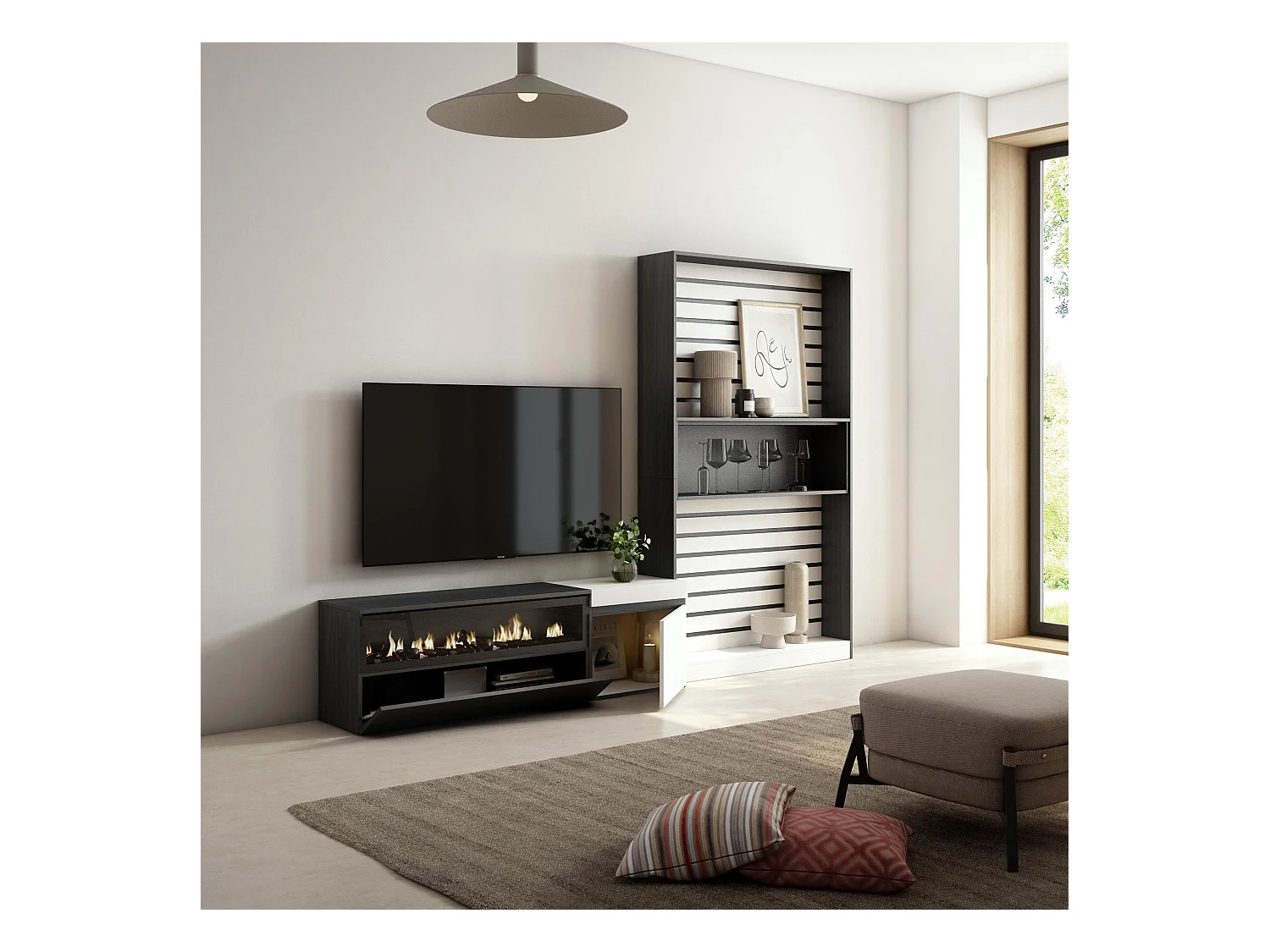 Ensemble Meuble TV, 260x35x186cm, Pour les TV jusqu'à 65", Cheminée électrique, Blanc et noir