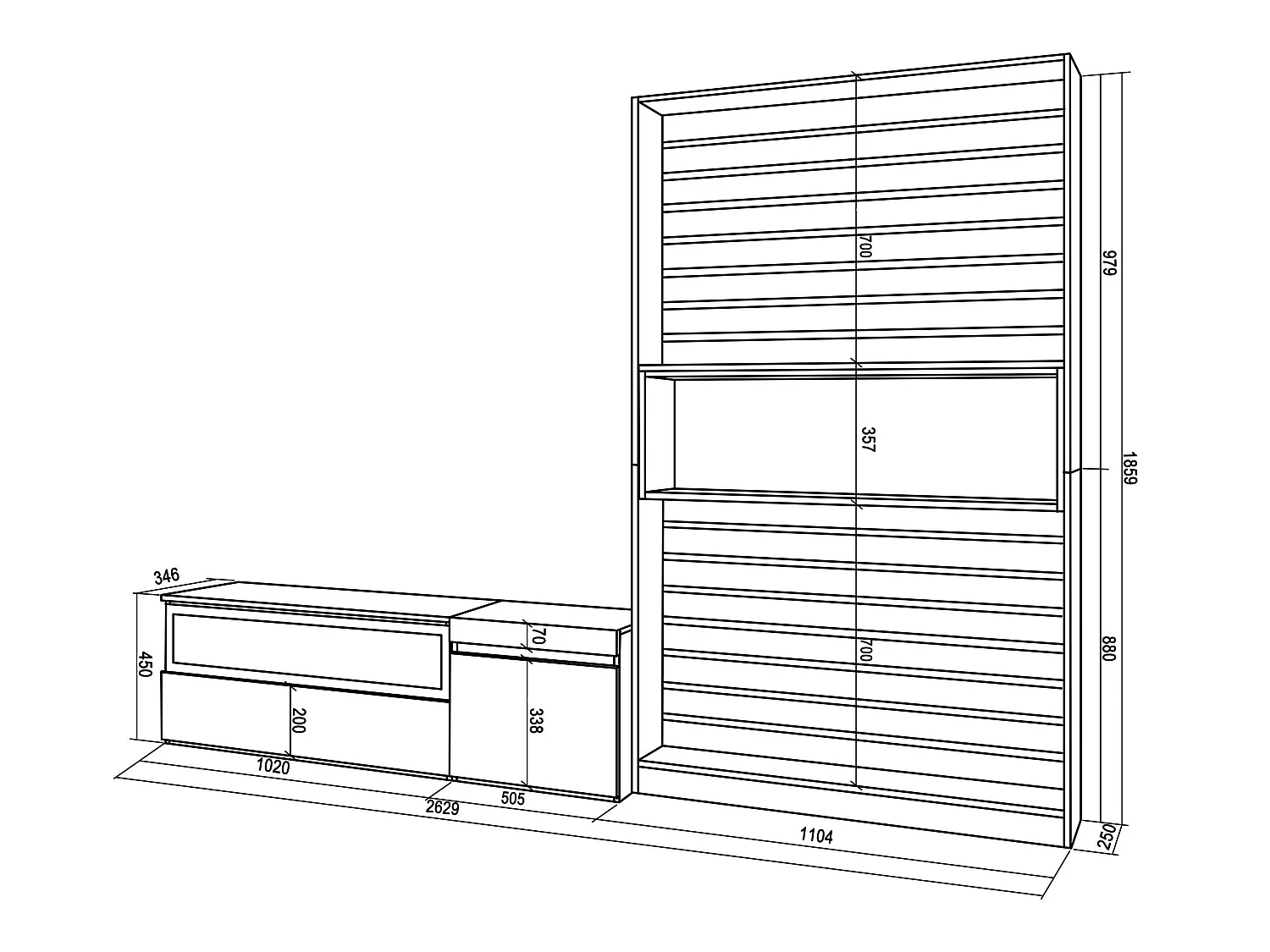 Ensemble Meuble TV, 260x35x186cm, Pour les TV jusqu'à 65", Cheminée électrique, Blanc et noir