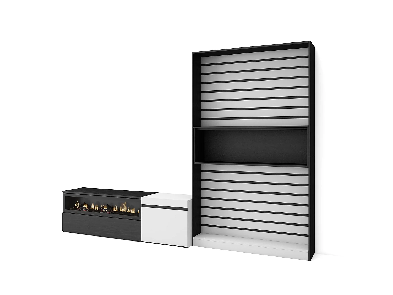 Wohnwand Wohnzimmer, 260x35x186cm, Für TV-Geräte bis zu 65", Elektrokamin. Maße, Weiß und Schwarz