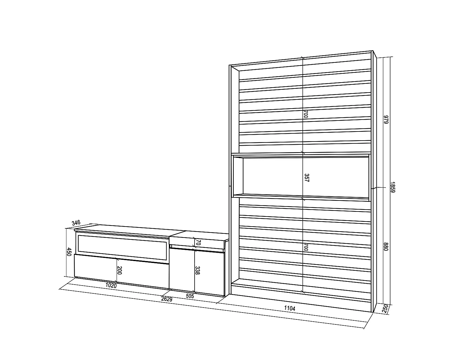 Wohnwand Wohnzimmer, 260x35x186cm, Für TV-Geräte bis zu 65", Elektrokamin. Maße, Weiß und Schwarz
