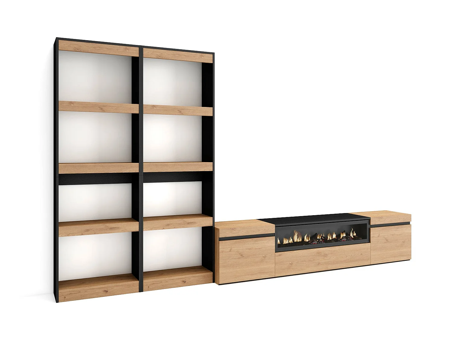Ensemble Meuble TV, 320x35x186cm, Pour les TV jusqu'à 80", Cheminée électrique, Chêne et noir