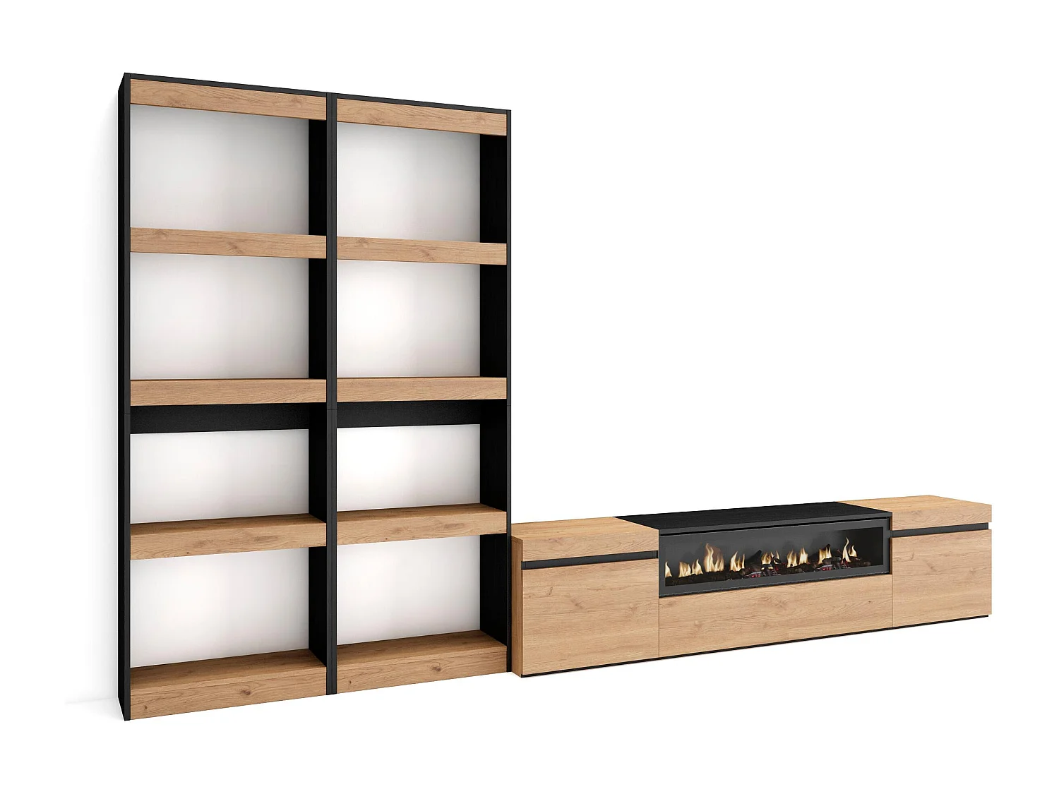 Ensemble Meuble TV, 320x35x186cm, Pour les TV jusqu'à 80", Cheminée électrique, Chêne et noir