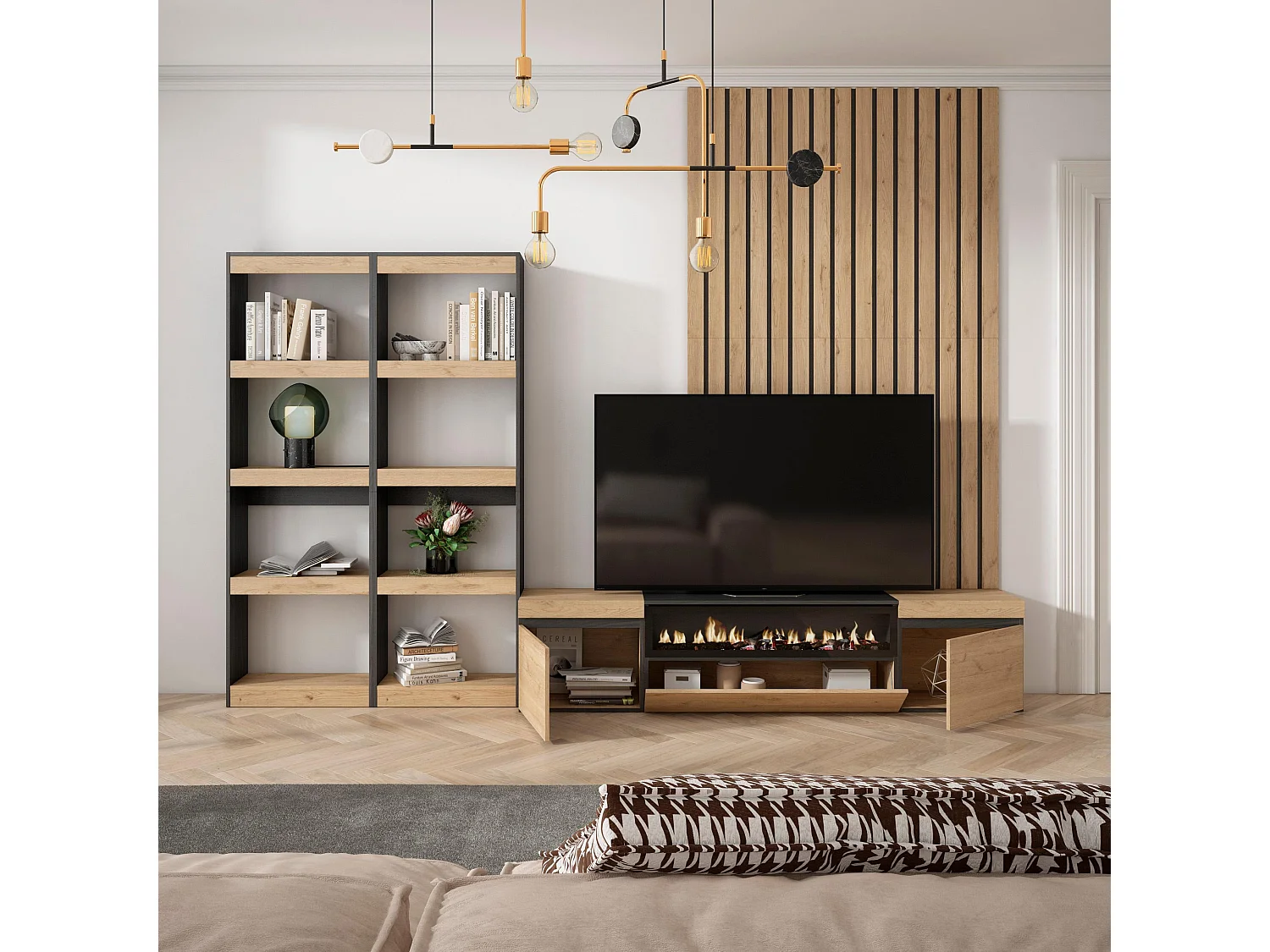 Ensemble Meuble TV, 320x35x186cm, Pour les TV jusqu'à 80", Cheminée électrique, Chêne et noir