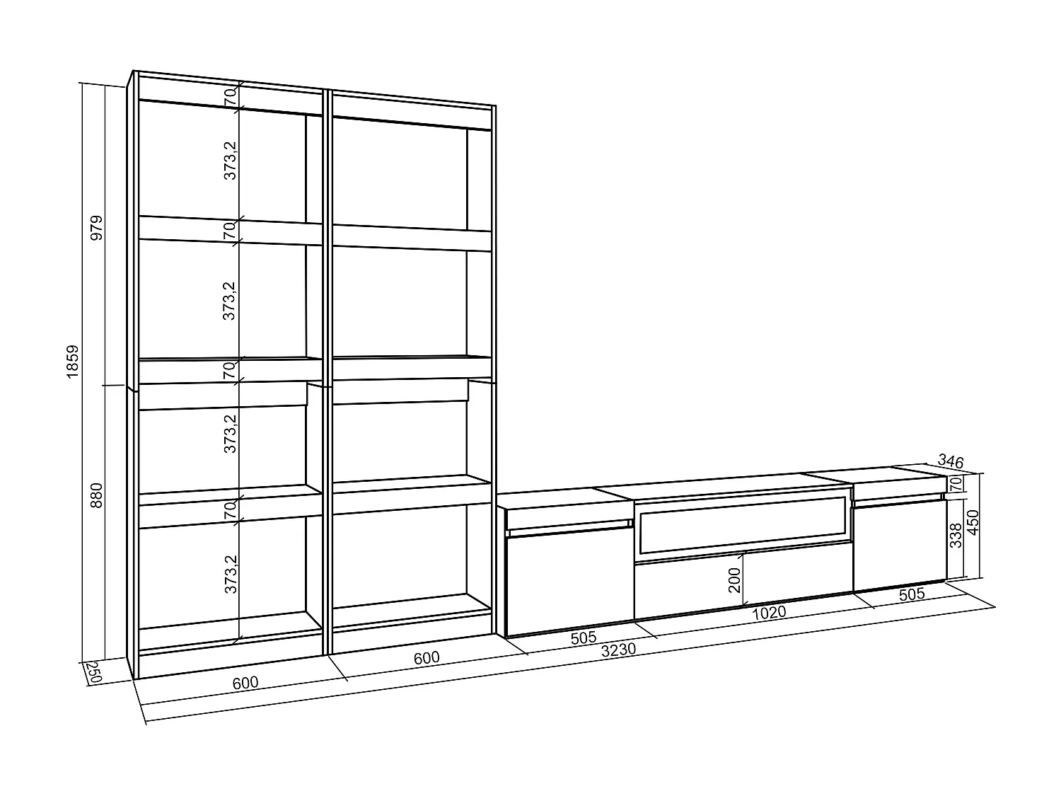 Ensemble Meuble TV, 320x35x186cm, Pour les TV jusqu'à 80", Cheminée électrique, Chêne et noir