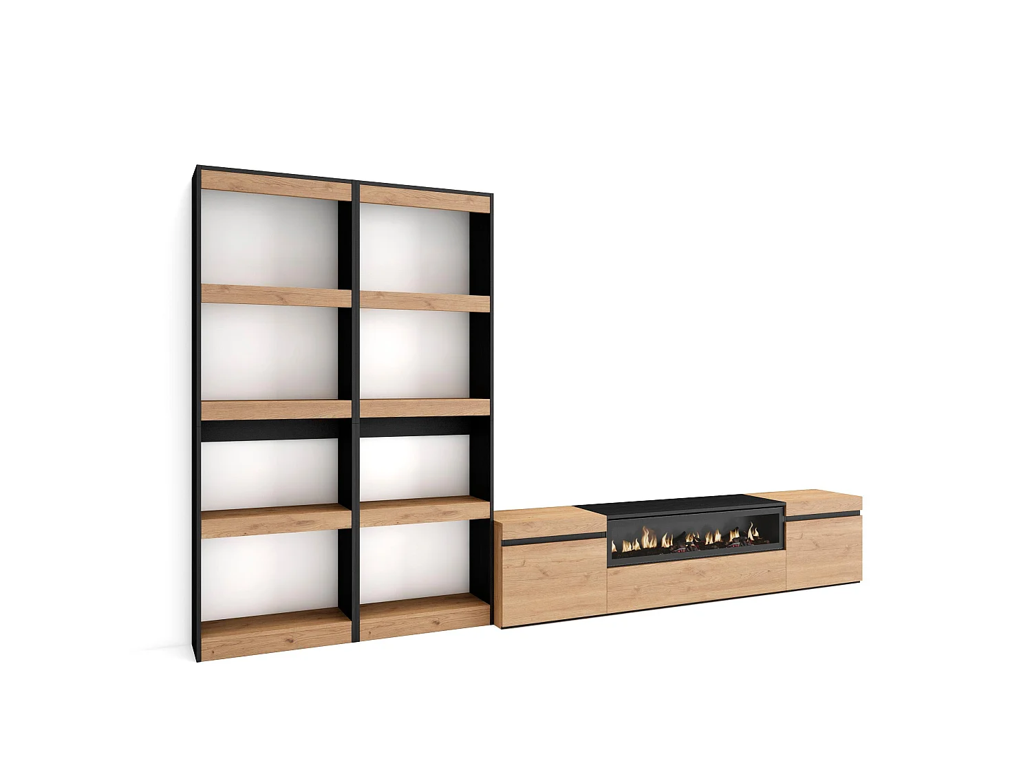 Ensemble Meuble TV, 320x35x186cm, Pour les TV jusqu'à 80", Cheminée électrique, Chêne et noir