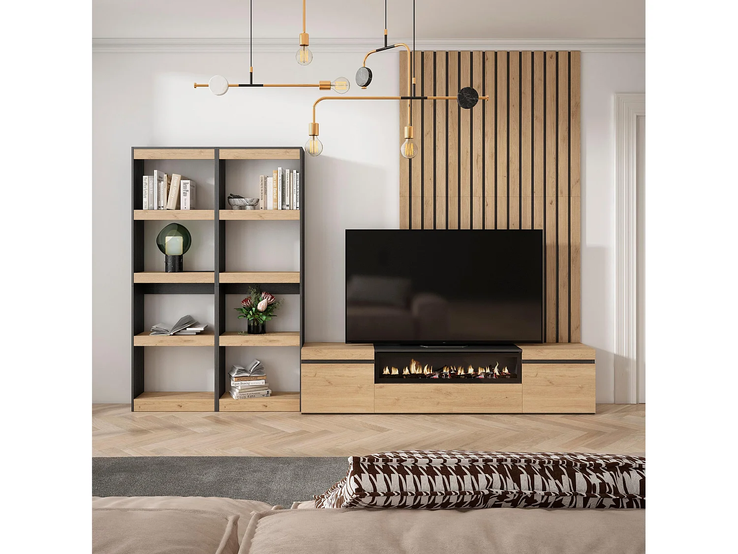 Ensemble Meuble TV, 320x35x186cm, Pour les TV jusqu'à 80", Cheminée électrique, Chêne et noir