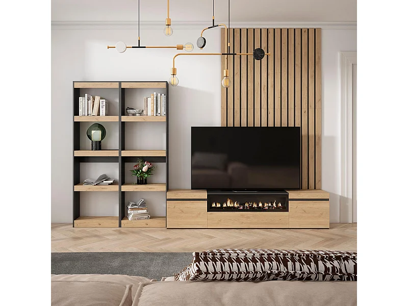 Mobile Soggiorno TV, 320x35x186cm, Per TV fino a 80", Camino elettrico, Rovere e nero