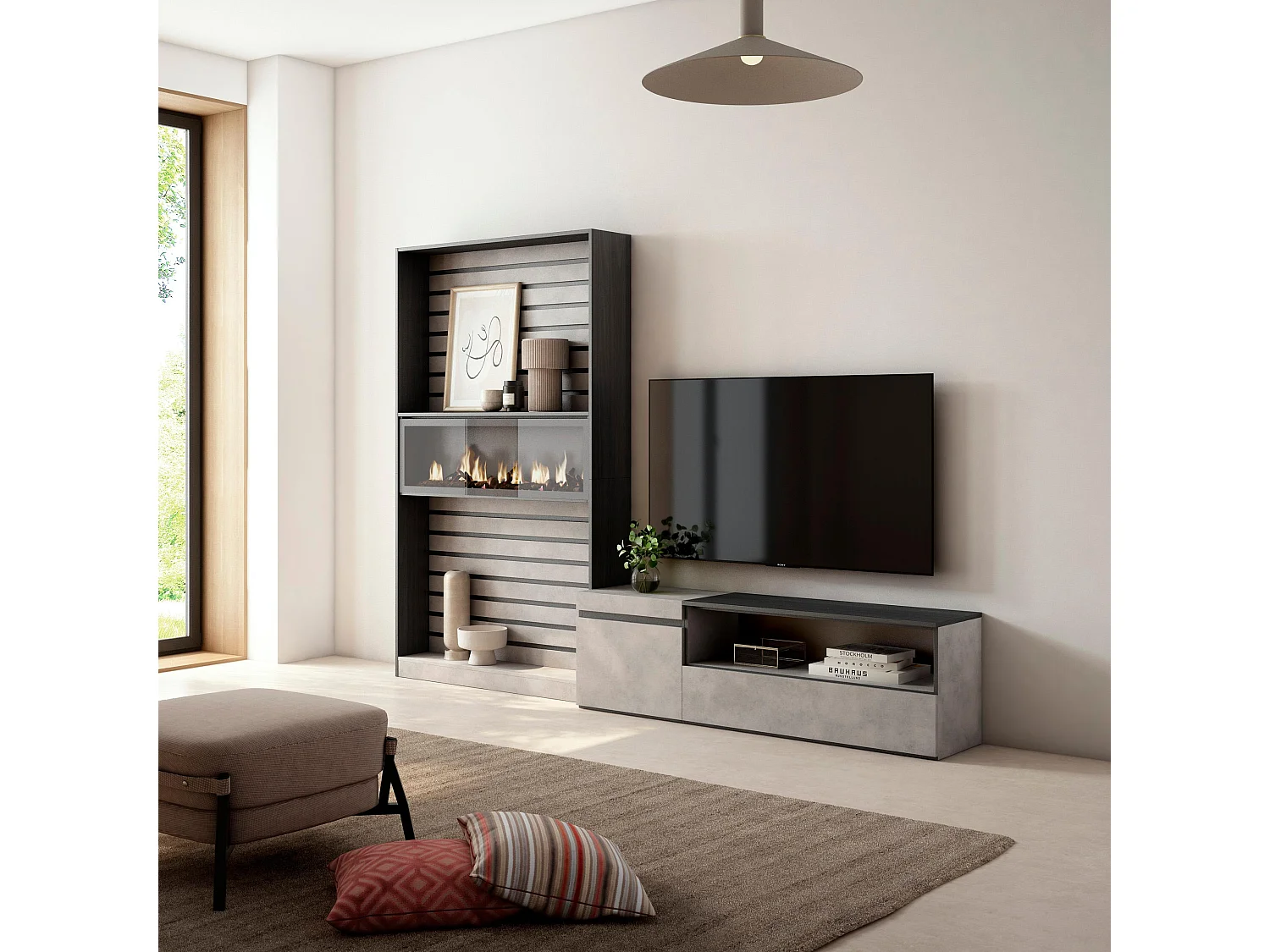 Meubels voor woonkamer, 260x186x35cm, Voor tv's tot 65", Elektrische haard, Cement