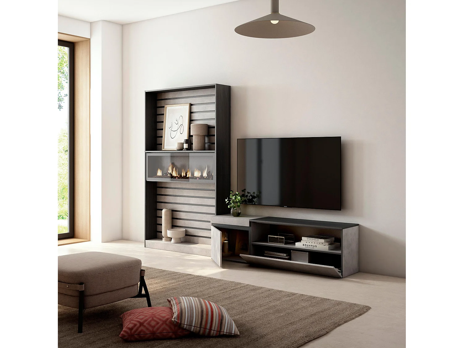 Meubels voor woonkamer, 260x186x35cm, Voor tv's tot 65", Elektrische haard, Cement