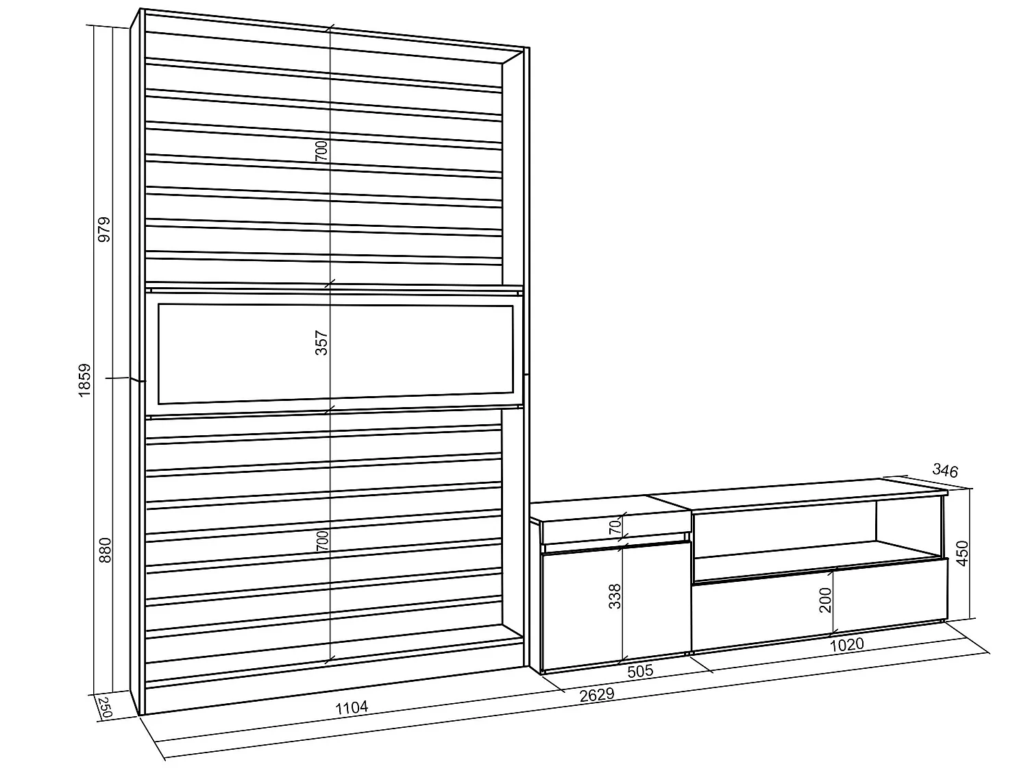 Meubels voor woonkamer, 260x186x35cm, Voor tv's tot 65", Elektrische haard, Cement