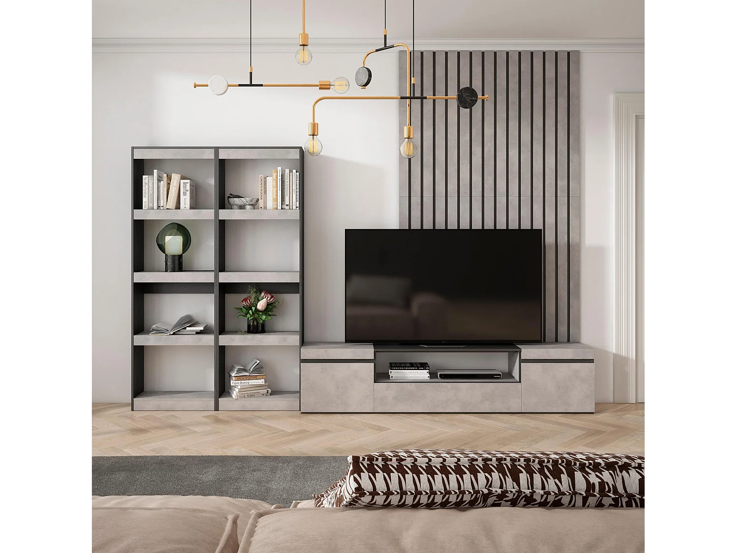 Ensemble Meuble TV, 320x35x186cm, Pour les TV jusqu'à 80", Salon Complet, Ciment