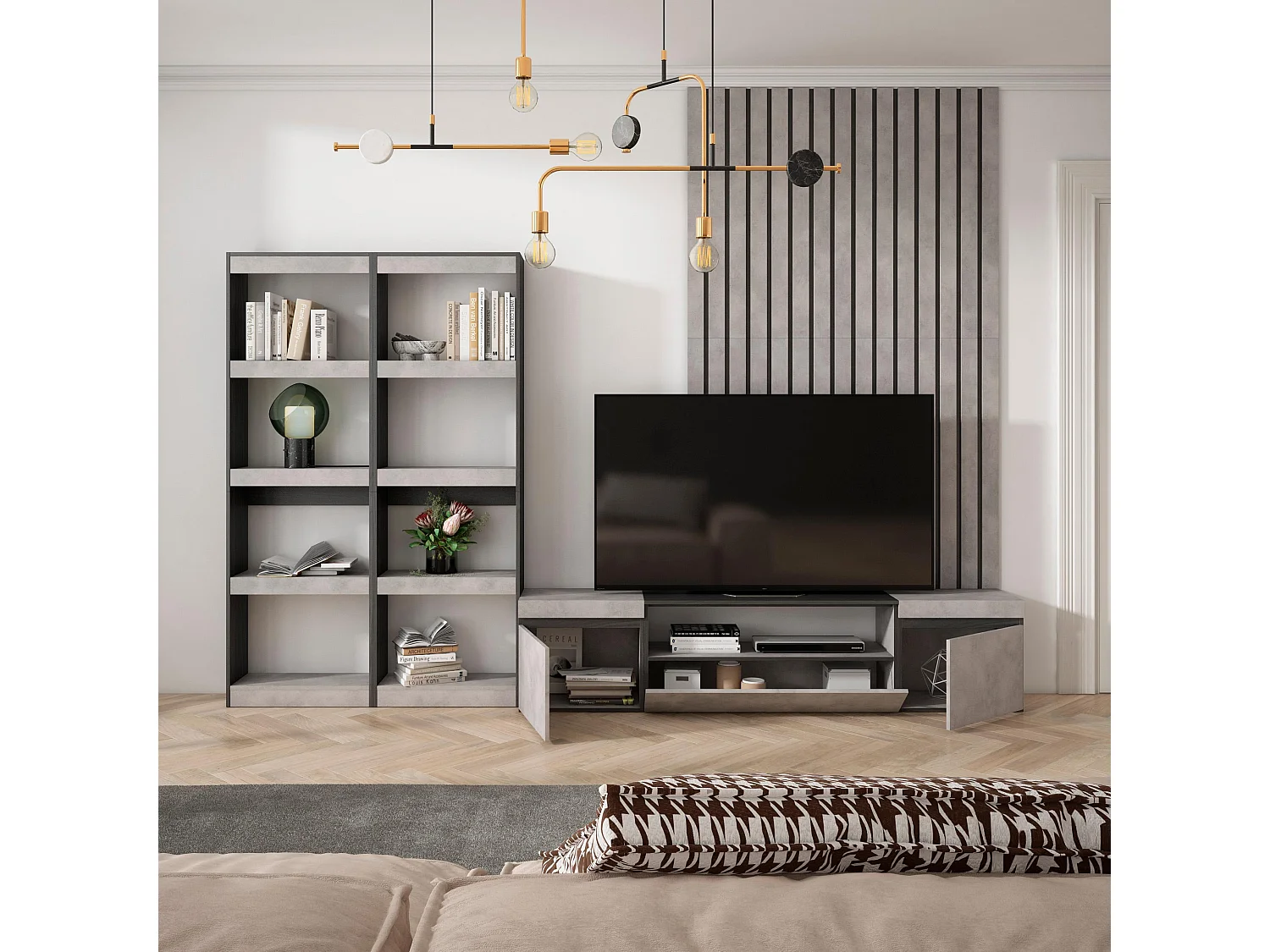 Ensemble Meuble TV, 320x35x186cm, Pour les TV jusqu'à 80", Salon Complet, Ciment