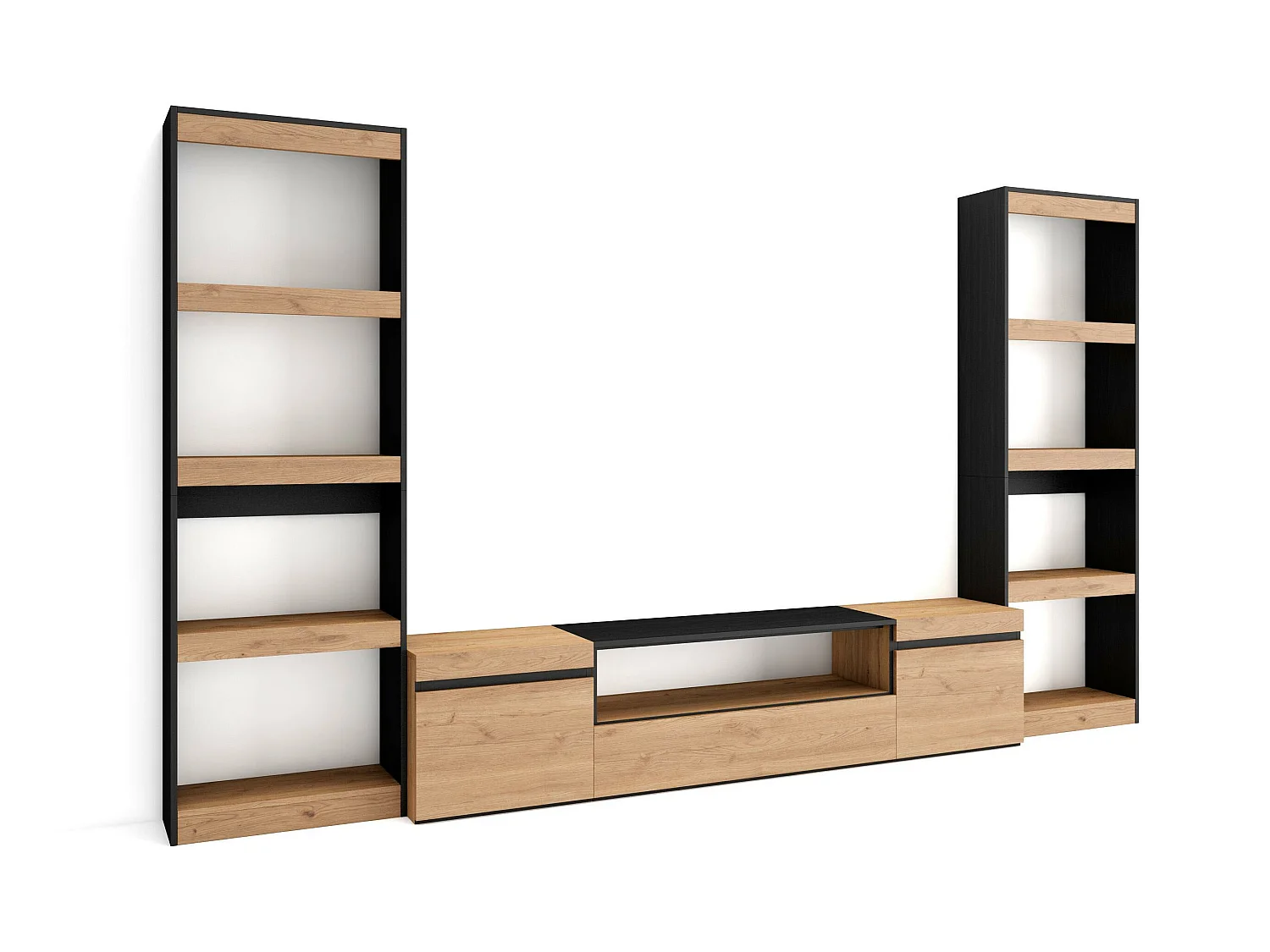 Ensemble Meuble TV, 320x35x186cm, Pour les TV jusqu'à 80", Salon Complet, Chêne et noir