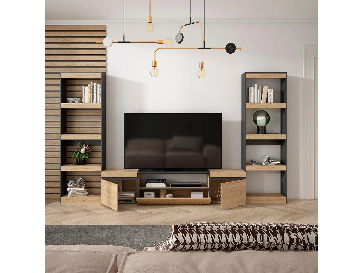Ensemble Meuble TV, 320x35x186cm, Pour les TV jusqu'à 80", Salon Complet, Chêne et noir