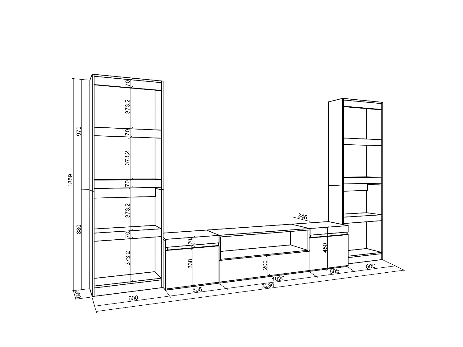 Ensemble Meuble TV, 320x35x186cm, Pour les TV jusqu'à 80", Salon Complet, Chêne et noir
