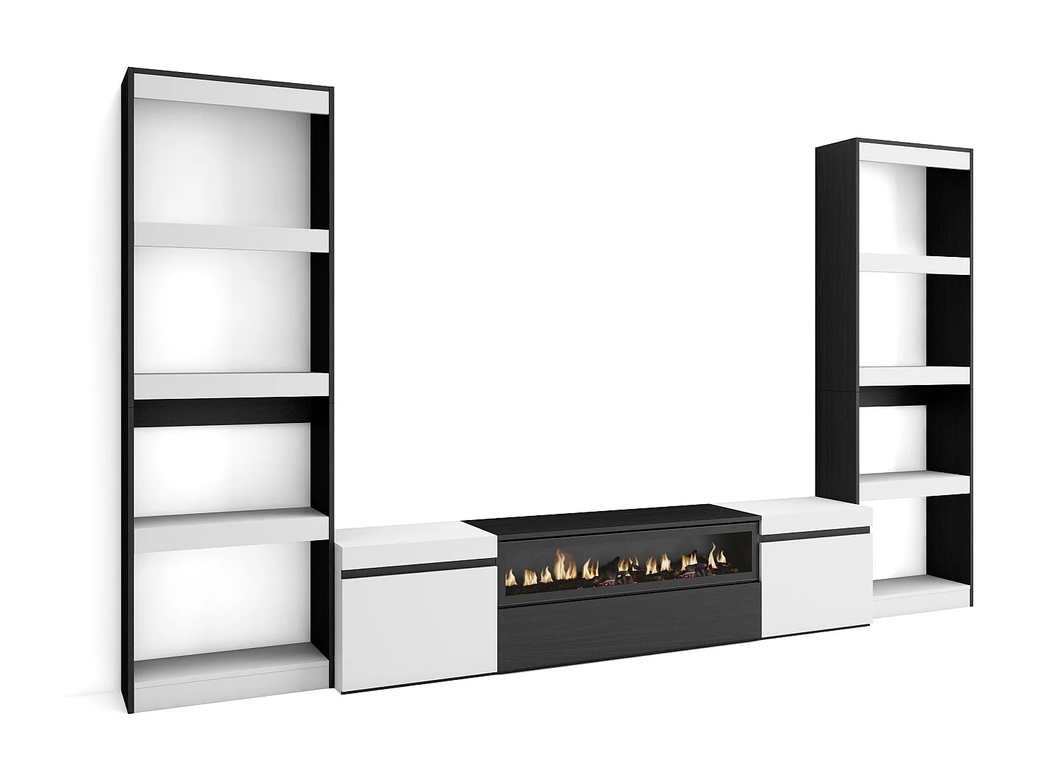 Ensemble Meuble TV, 320x186x35cm, Pour les TV jusqu'à 80", Cheminée électrique, Blanc et noir