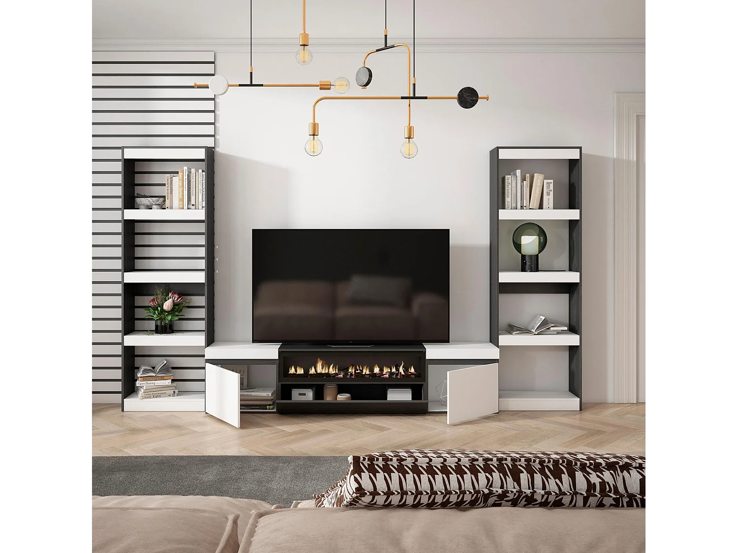 Ensemble Meuble TV, 320x186x35cm, Pour les TV jusqu'à 80", Cheminée électrique, Blanc et noir